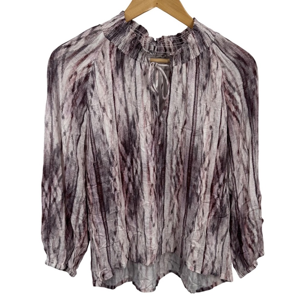 Tart Womens Blouse Medium Purple Abstract Smocked Keyhole Boho Chic